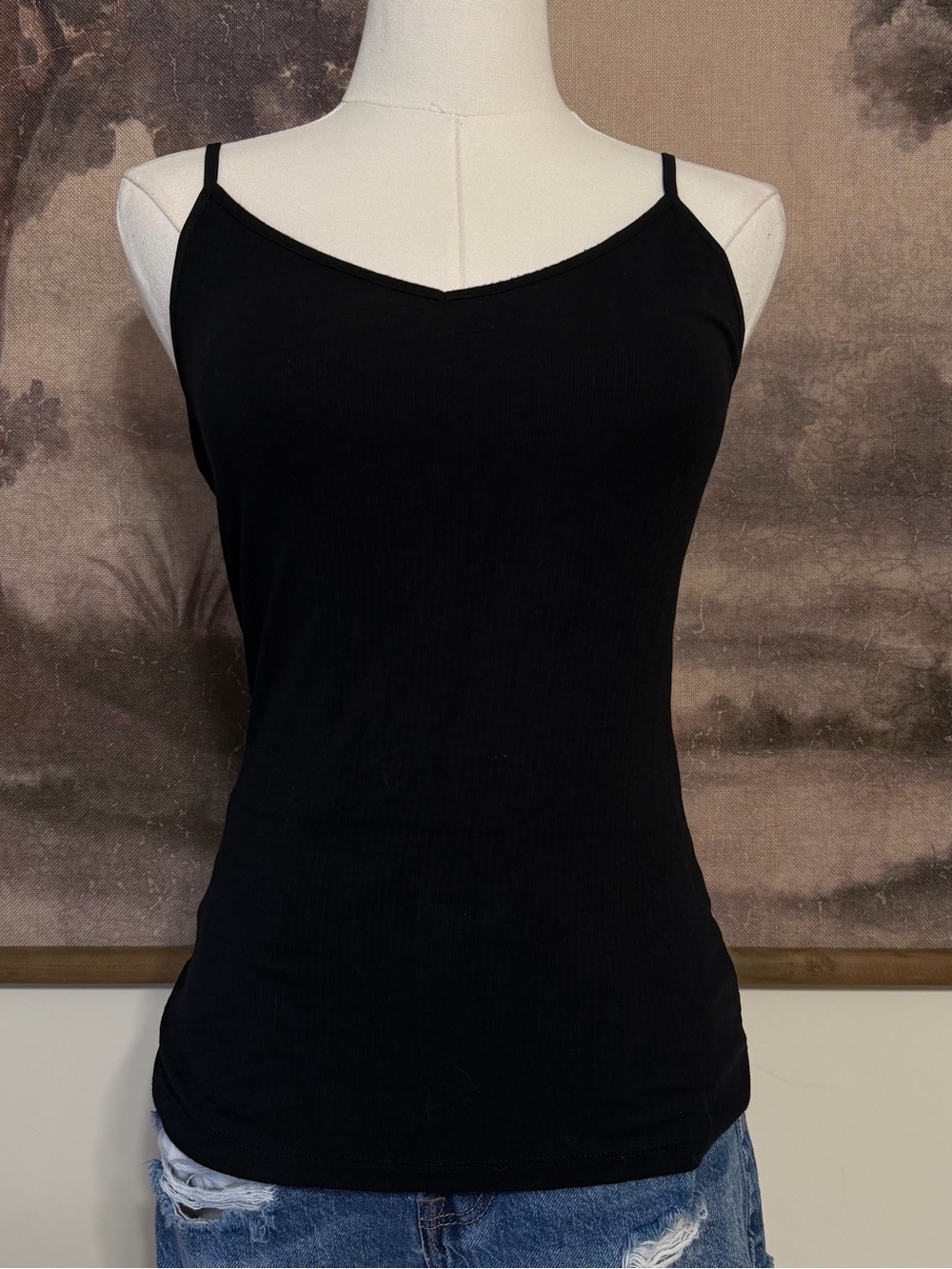 a new day Black Ribbed V-Neck Spaghetti Strap Tank